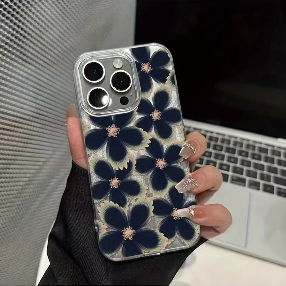 Clear Floral Phone Case with Dark Blue Flower Design